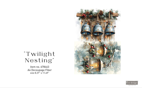 'Twilight Nesting' with winter scenes and text.