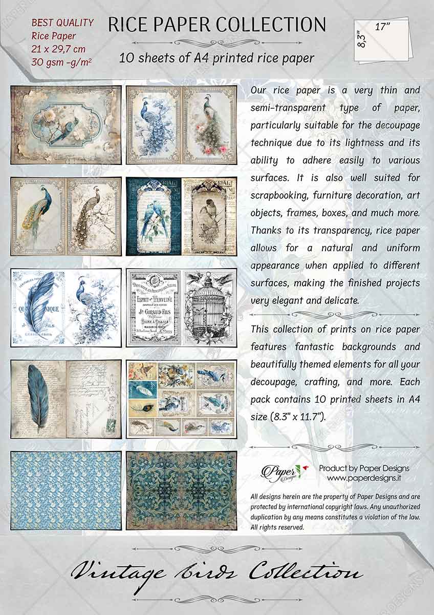 Paper Designs VINTAGE BIRDS Collection A4 Rice Paper for Decoupage 10 Sheets #RPC_001