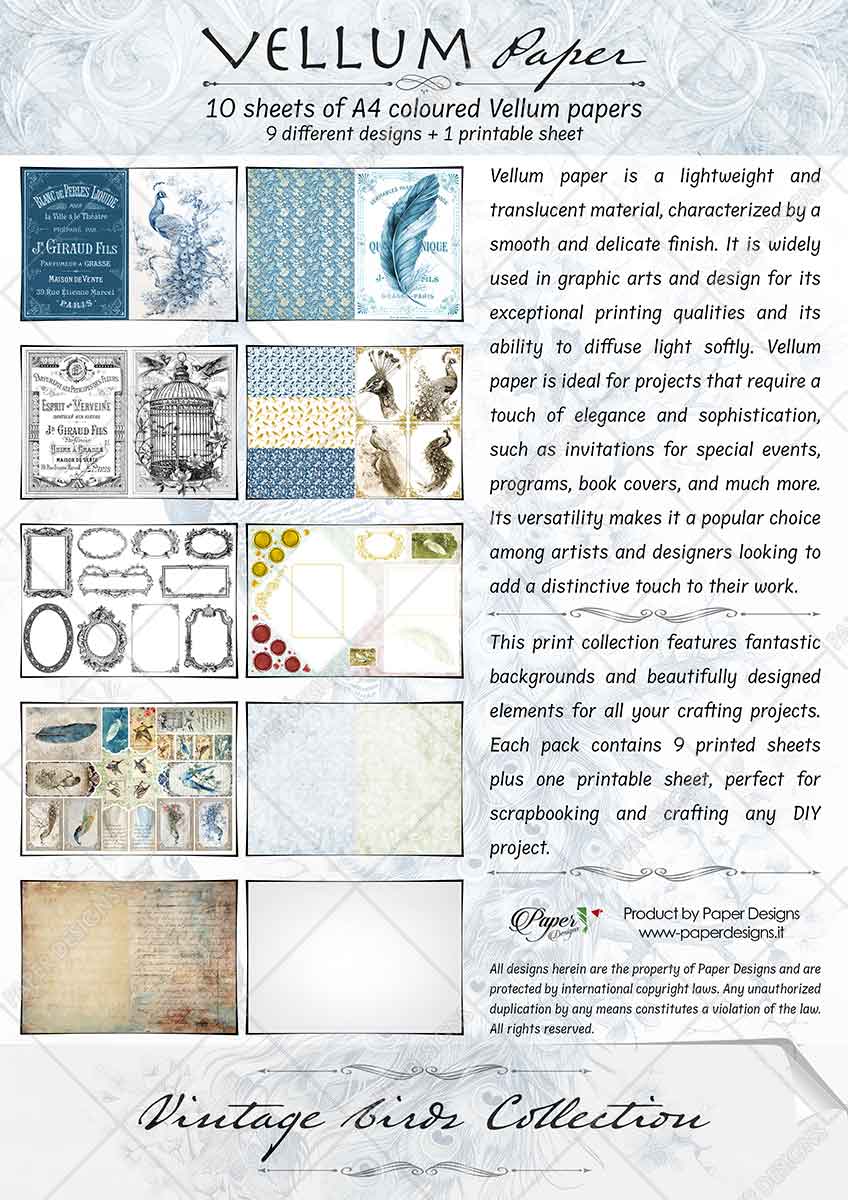 Paper Designs VINTAGE BIRDS Collection A4 Vellum Paper 10 sheets #VP_001