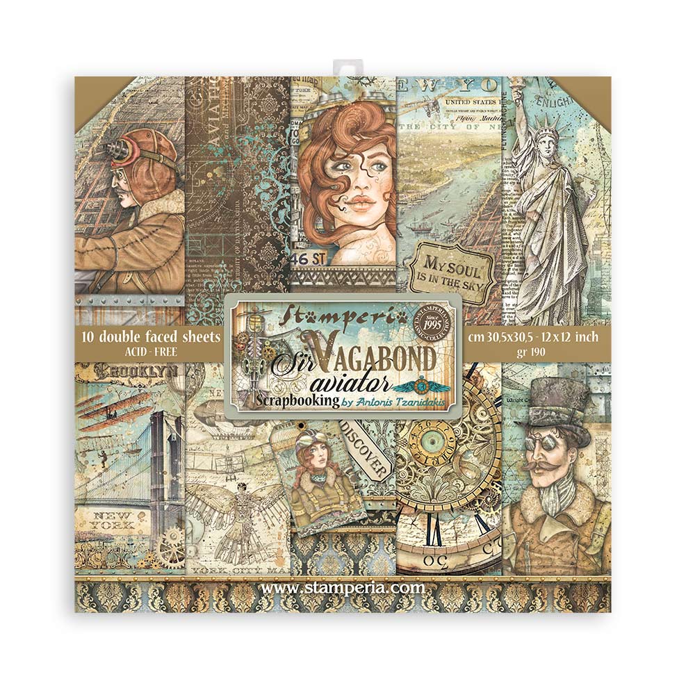 Stamperia SIR VAGABOND AVIATOR 12X12 Double Faced Paper 10 Sheets + Bonus #SBBL112