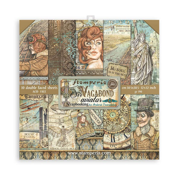Stamperia SIR VAGABOND AVIATOR 12X12 Double Faced Paper 10 Sheets + Bonus #SBBL112