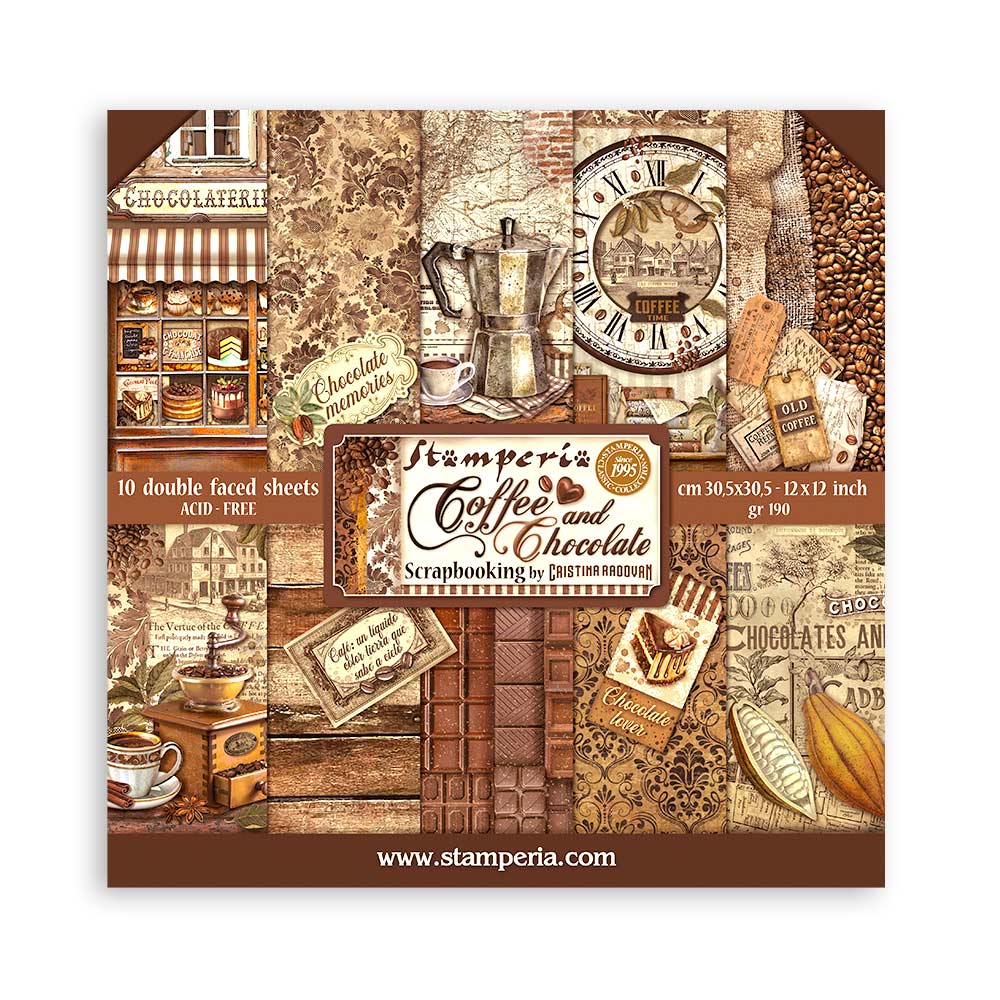 Stamperia Coffee and Chocolate scrapbooking paper pad with vintage-themed design on a white background.