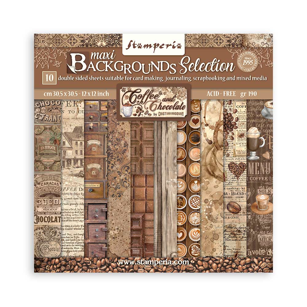 Stamperia maxi Backgrounds Selection packaging with coffee and chocolate theme