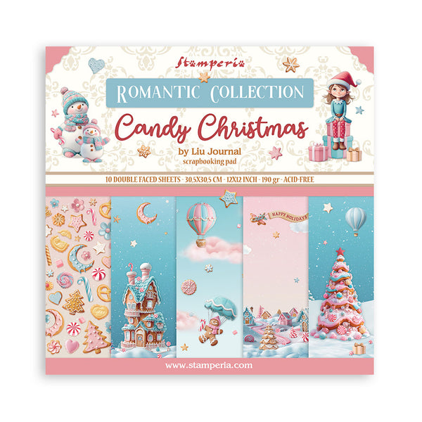 Stamperia Candy Christmas scrapbooking pad packaging with colorful designs and text.