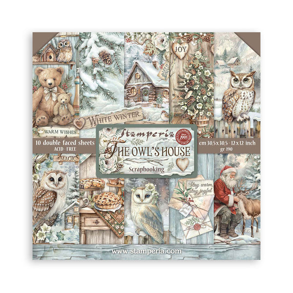 Scrapbooking paper pack with winter-themed design featuring owls, bears, and Santa Claus.