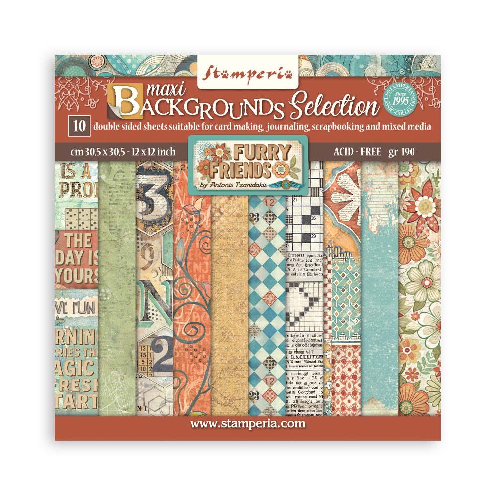 Stamperia maxi Backgrounds Selection packaging with various patterned papers.