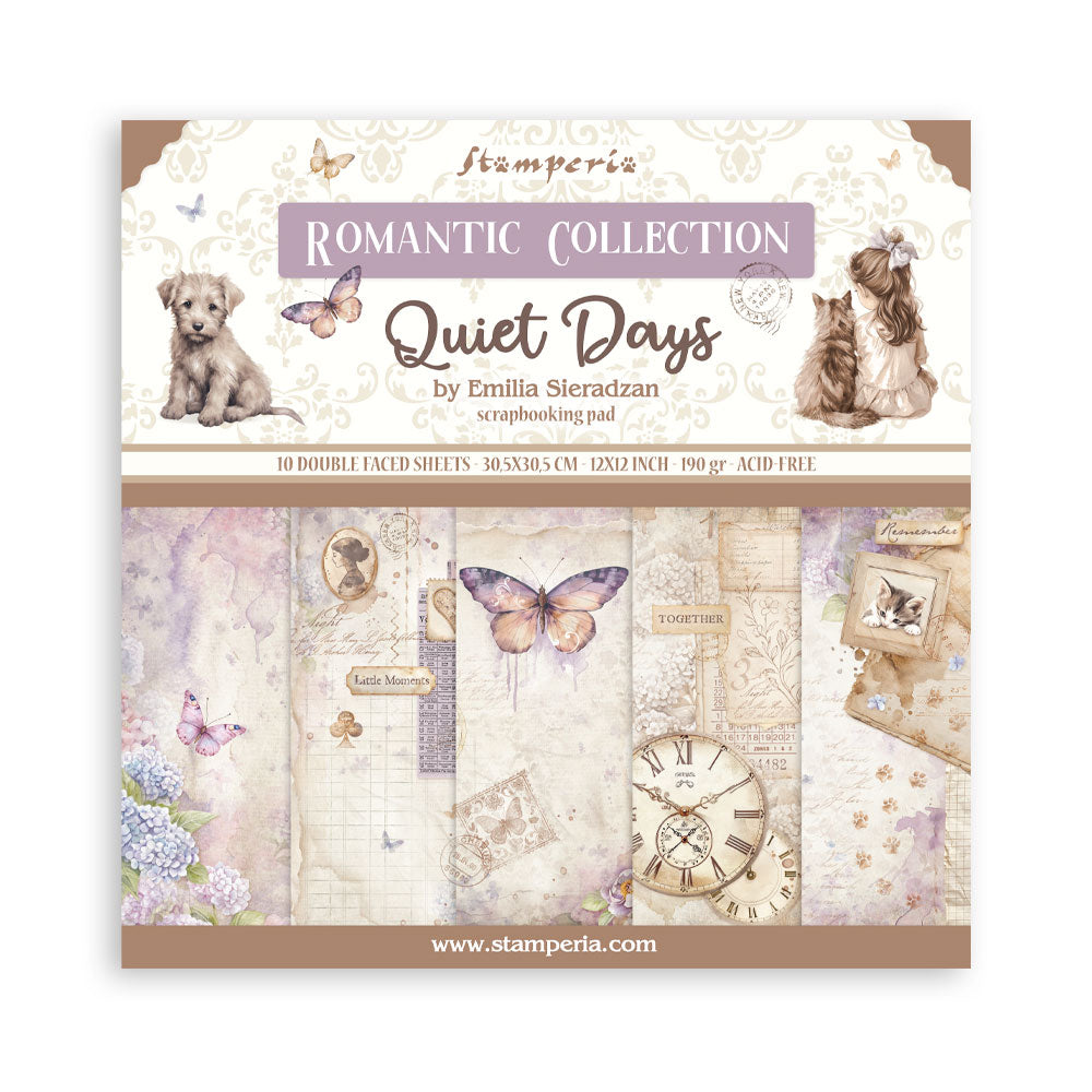 Stamperia Romantic Collection Quiet Days scrapbooking pad packaging with animals and nature-themed designs.
