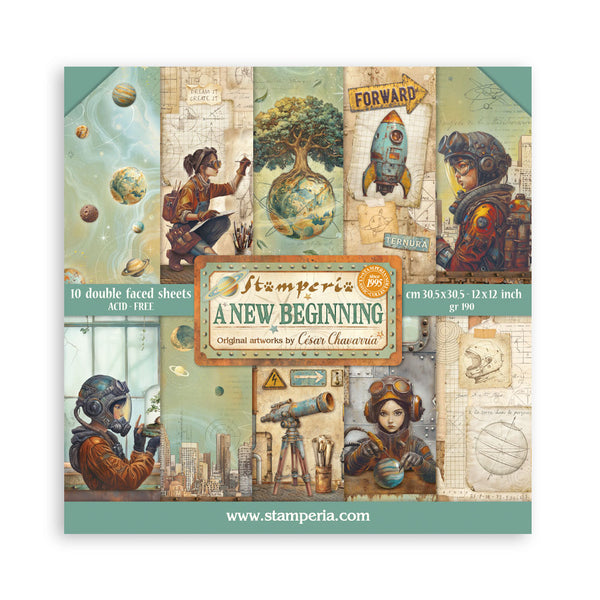 Stamperia 'A New Beginning' art paper set with illustrations on a white background