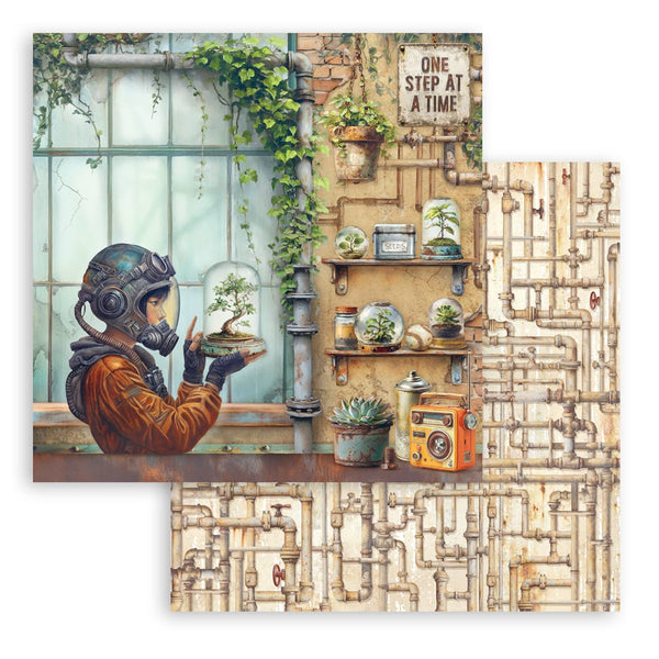 Person in a futuristic suit holding a plant in a steampunk-style room with pipes and plants.