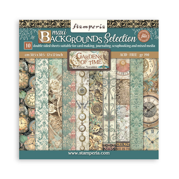 Stamperia Gardens of Time paper pack with decorative patterns on a white background