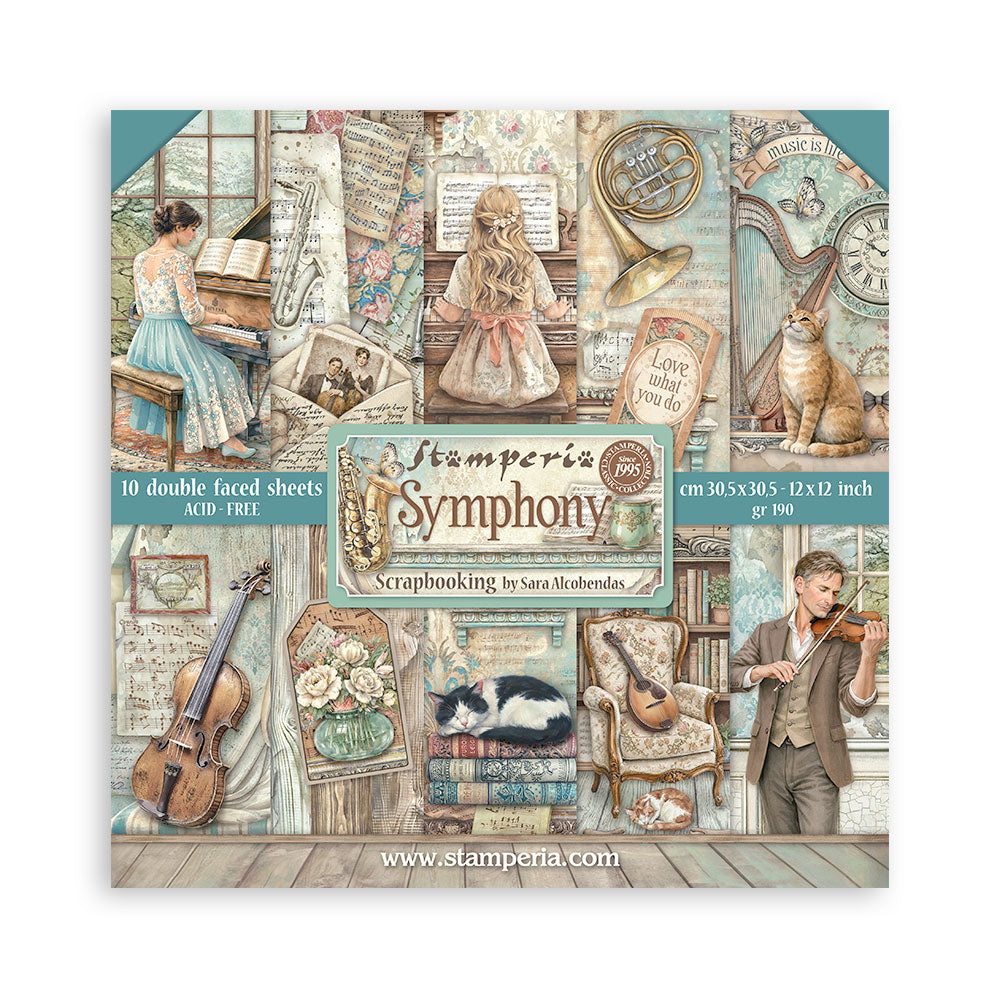 Stamperia Symphony scrapbooking paper pack with artistic illustrations on a white background