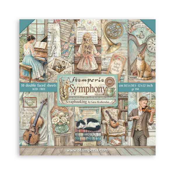 Stamperia Symphony scrapbooking paper pack with artistic illustrations on a white background