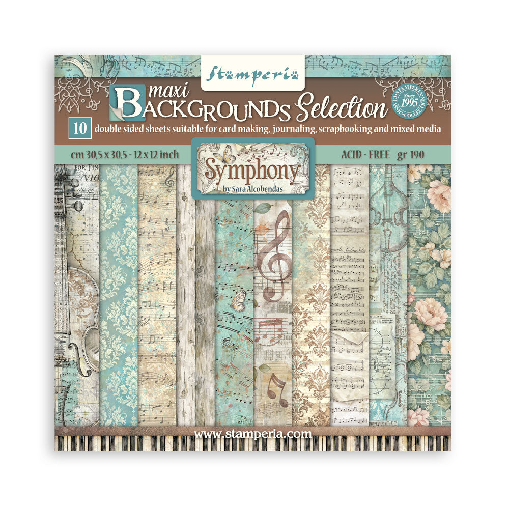 Packaging of Stamperia Symphony paper pack with decorative patterns and music notes.