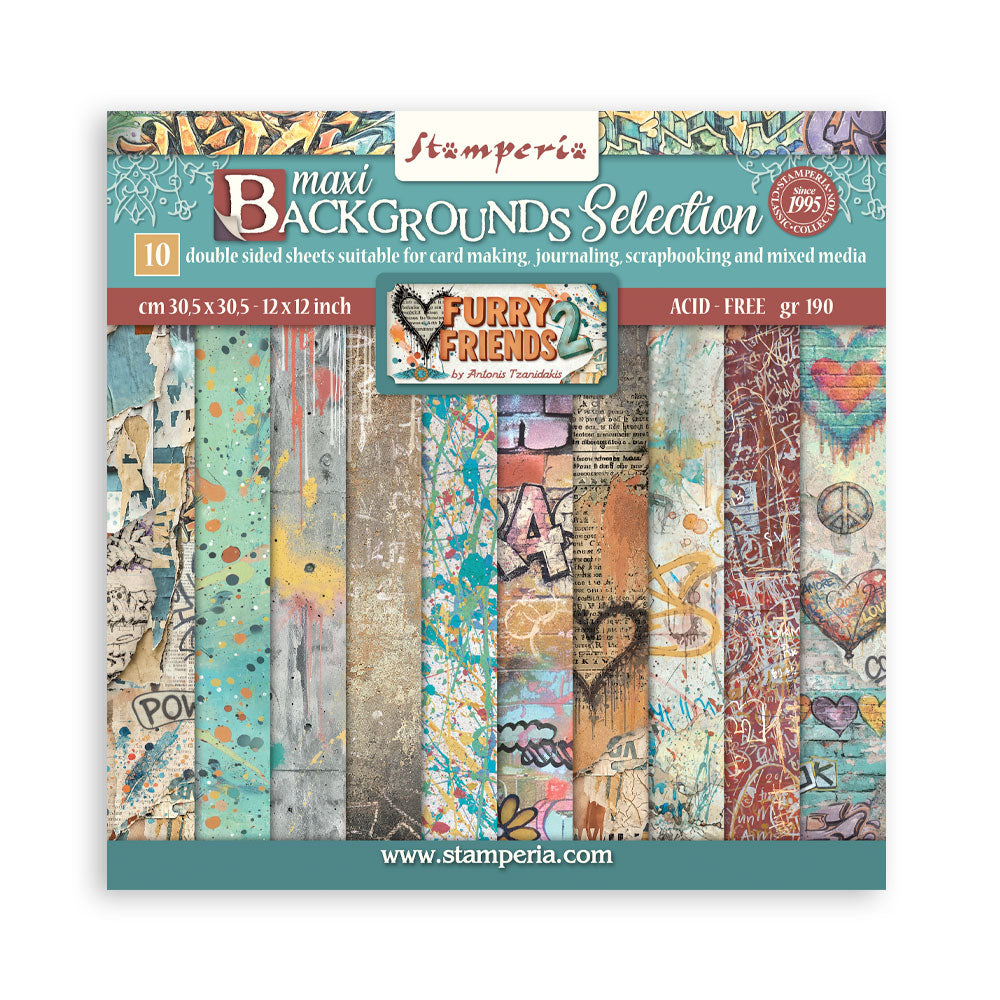 Stamperia FURRY FRIENDS 2 - BACKGROUNDS 12x12 Double Faced Scrapbook Paper 10 PCS + Bonus #SBBL195