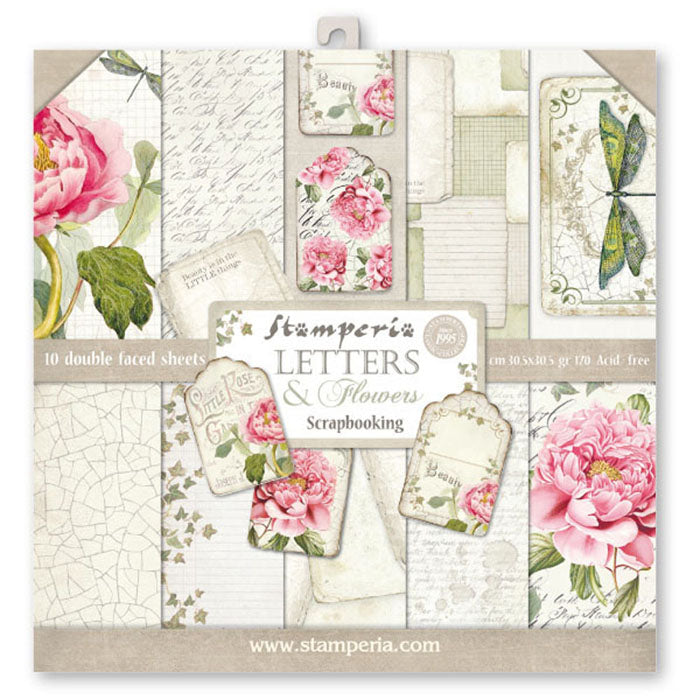 Stamperia LETTERS & FLOWERS 12x12 Double-sided Paper 10 pcs + Bonus #SBBL22