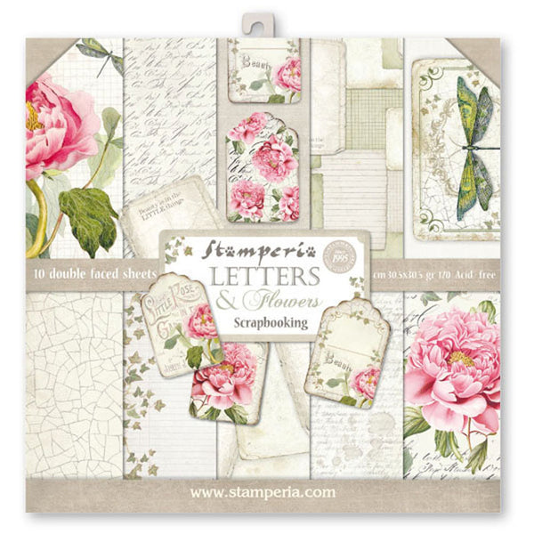 Stamperia LETTERS & FLOWERS 12x12 Double-sided Paper 10 pcs + Bonus #SBBL22