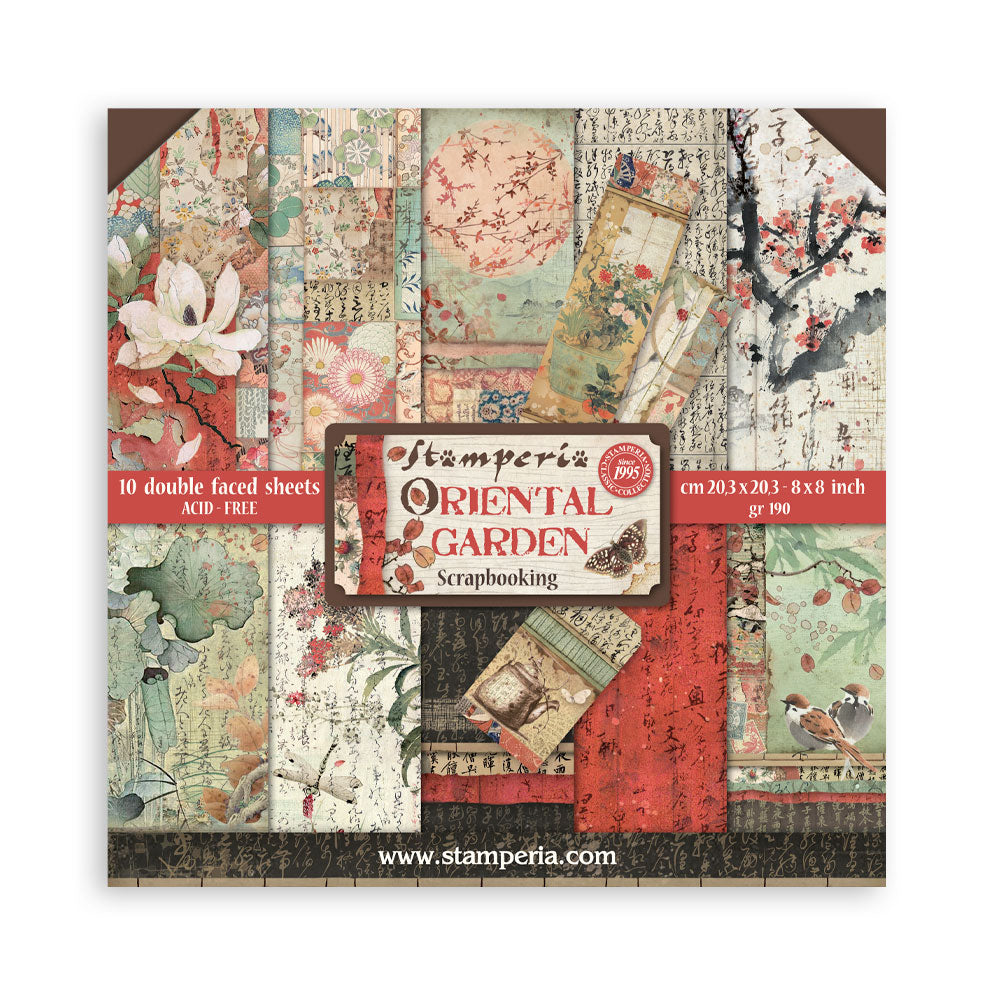 Scrapbooking paper pack with 'Oriental Garden' design by Stamperia on a white background