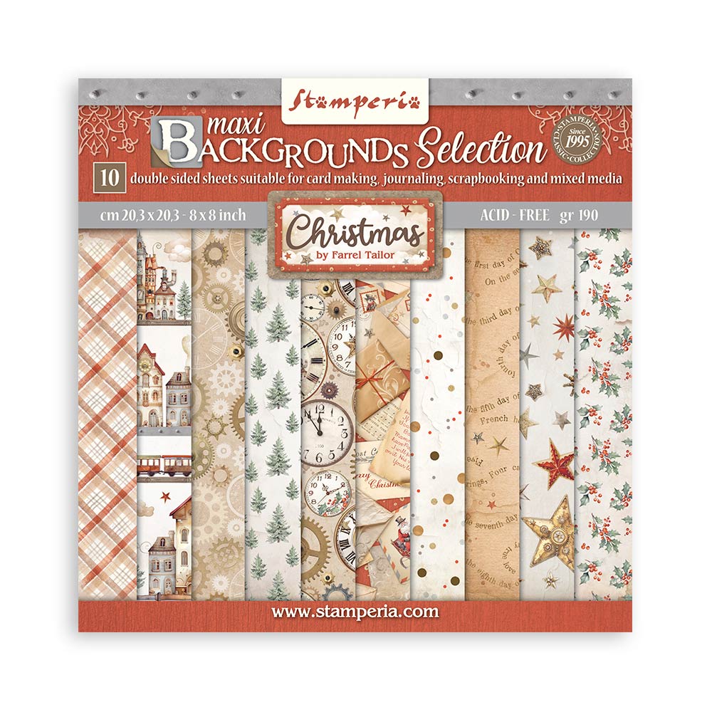 Stamperia GEAR UP FOR CHRISTMAS BACKGROUNDS SELECTION 8X8 Double Faced Paper 10 Sheets + Bonus #SBBS111