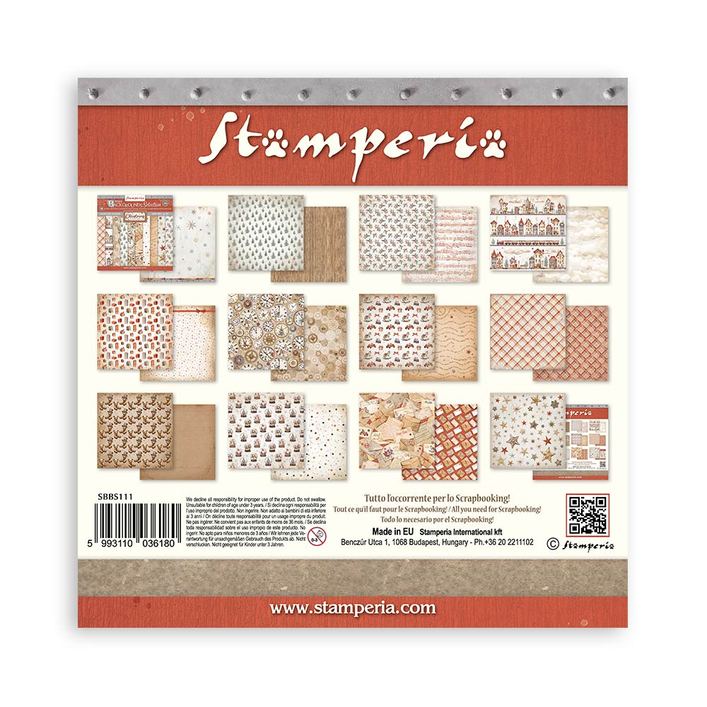 Stamperia GEAR UP FOR CHRISTMAS BACKGROUNDS SELECTION 8X8 Double Faced Paper 10 Sheets + Bonus #SBBS111