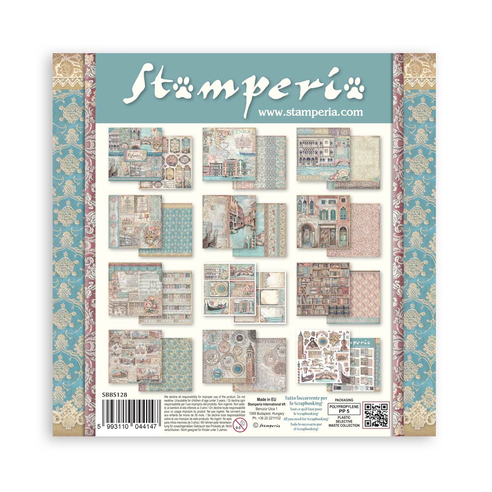 Stamperia VENICE CITY OF ART 8X8 Double Faced Paper 10 Sheets + Bonus #SBBS128