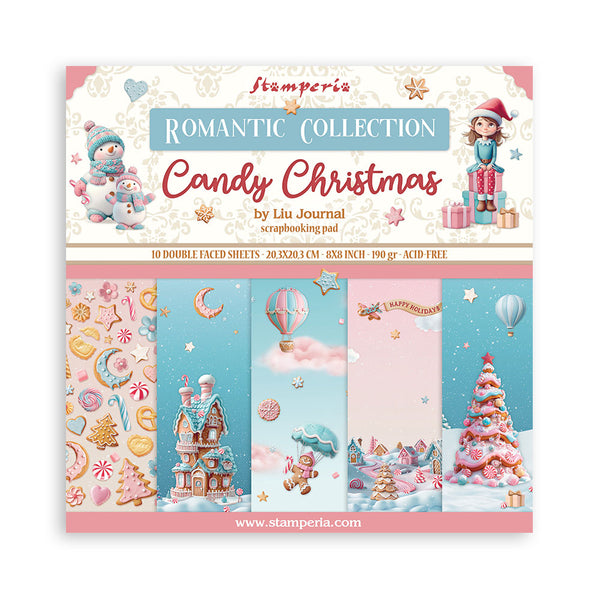 Stamperia Candy Christmas scrapbooking pad packaging with festive designs and text.