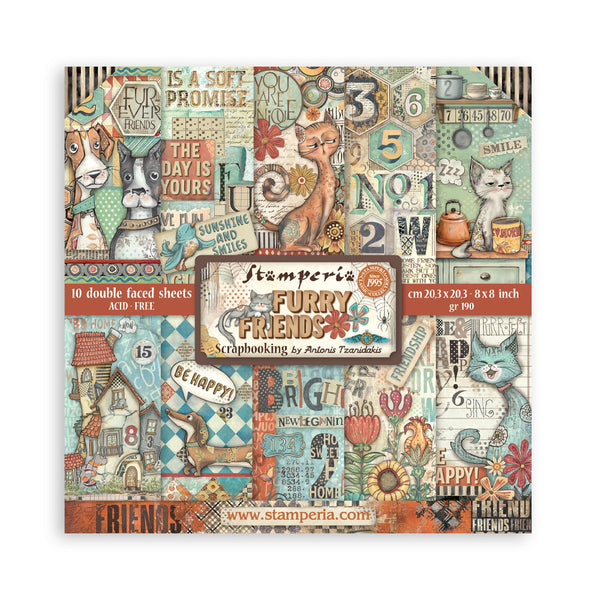 Stamperia Furry Friends scrapbooking paper pad with animal-themed designs on a white background