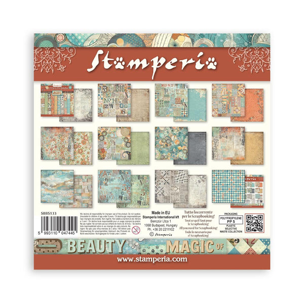 Pack of Stamperia scrapbooking paper with various patterns on a white background