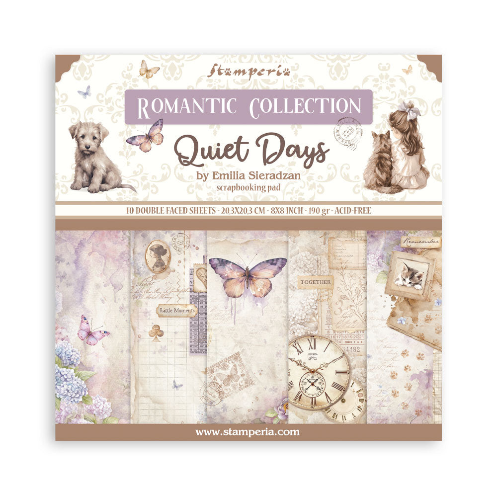 Stamperia Romantic Collection Quiet Days scrapbooking pad packaging with images of a dog, cat, and butterfly.