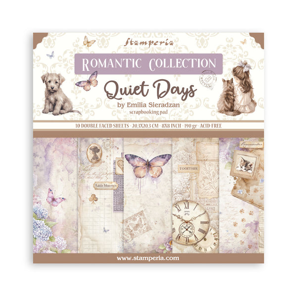 Stamperia Romantic Collection Quiet Days scrapbooking pad packaging with images of a dog, cat, and butterfly.