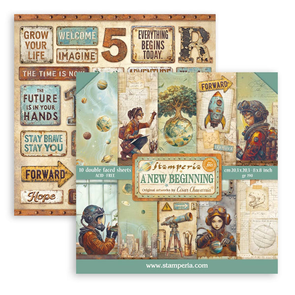 Collection of Stamperia 'A New Beginning' paper sheets with motivational phrases and illustrations.