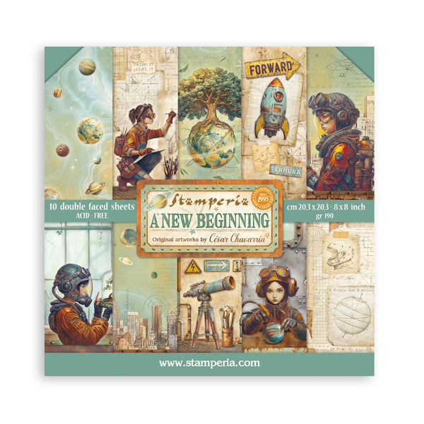 Stamperia 'A New Beginning' art paper set with illustrations on a white background