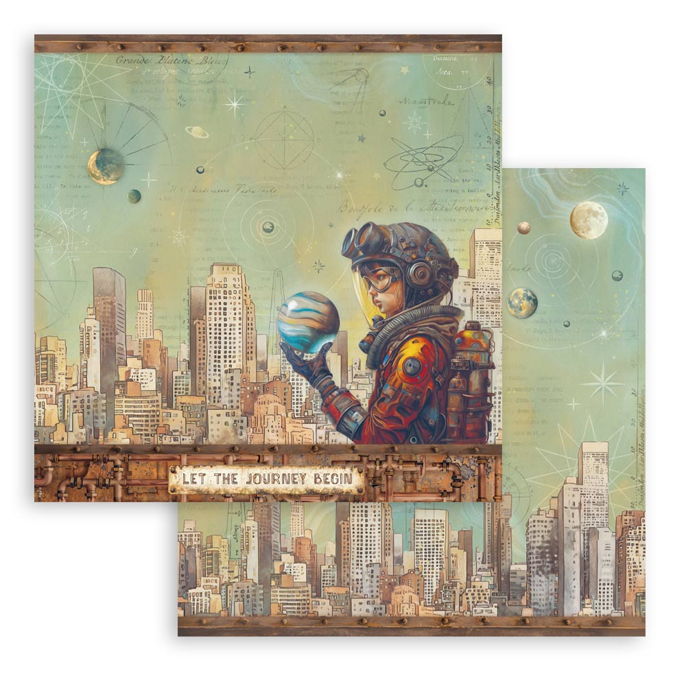 Illustration of a futuristic cityscape with a character holding a planet, featuring the text 'Let the Journey Begin'.