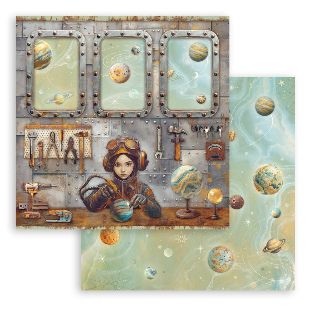 Decorative paper with space-themed design featuring planets, tools, and a character in goggles.