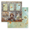 Decorative paper with space-themed design featuring planets, tools, and a character in goggles.