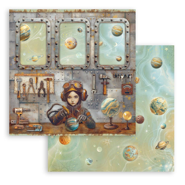 Decorative paper with space-themed design featuring planets, tools, and a character in goggles.