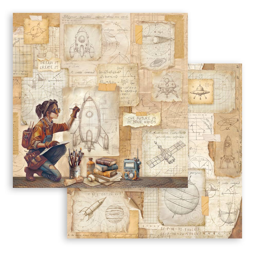 Illustration of a person working on space-themed drawings with tools and books.