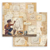 Illustration of a person working on space-themed drawings with tools and books.