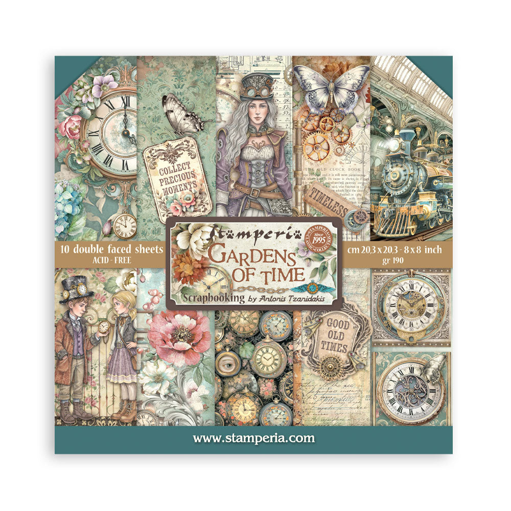 Stamperia GARDENS OF TIME 8X8 Double Faced Paper 10 Sheets + Bonus #SBBS141