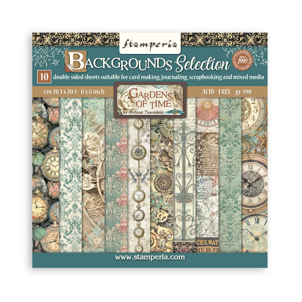 Stamperia 'Gardens of Time' paper pack with vintage-themed designs on a white background