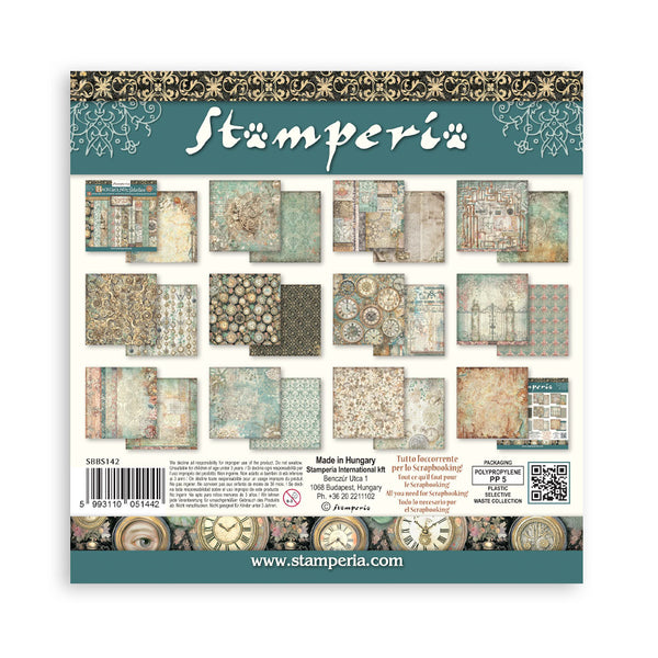 Pack of Stamperia paper sheets with decorative designs on a white background