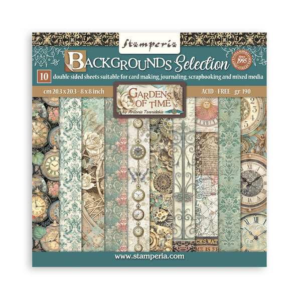 Stamperia 'Gardens of Time' paper pack with vintage-themed designs on a white background