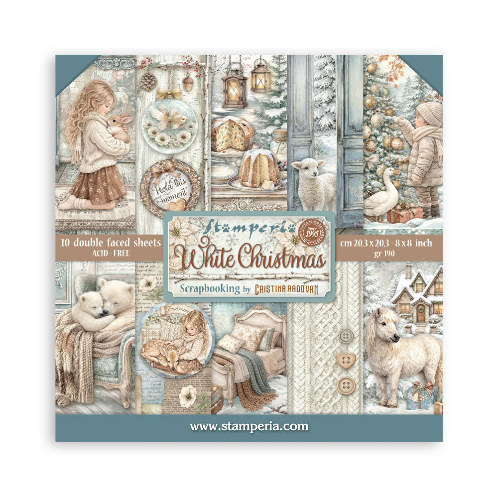 Stamperia WHITE CHRISTMAS 8X8 Double Faced Paper 10 Sheets + Bonus #SBBS146