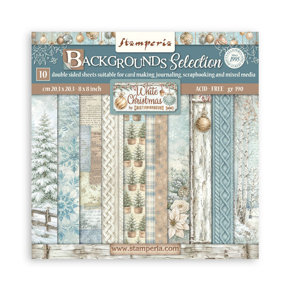 Stamperia WHITE CHRISTMAS BACKGROUNDS 8X8 Double Faced Paper 10 Sheets + Bonus #SBBS147
