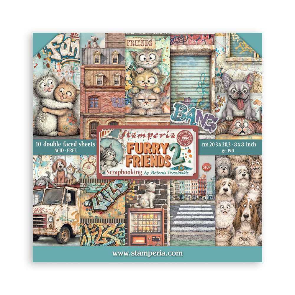 Stamperia FURRY FRIENDS 2 - 8X8 Double Faced Paper 10 Sheets + Bonus #SBBS150