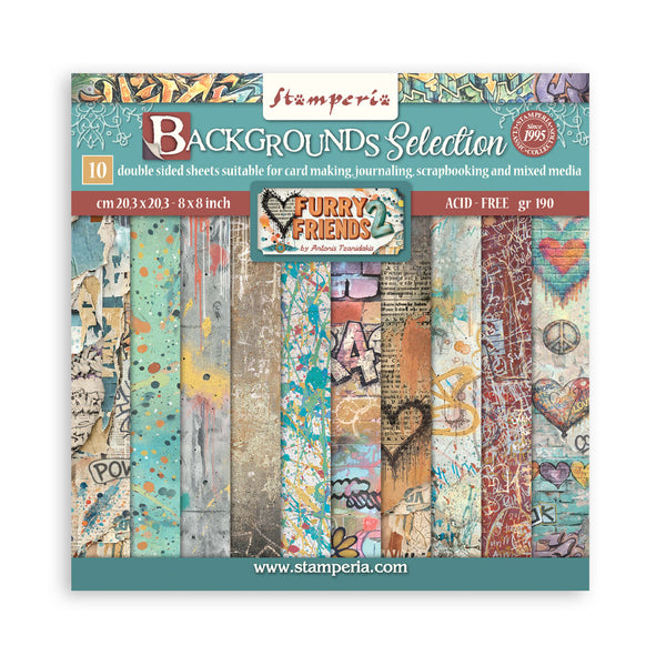 Stamperia FURRY FRIENDS 2 - BACKGROUNDS 8X8 Double Faced Paper 10 Sheets + Bonus #SBBS151