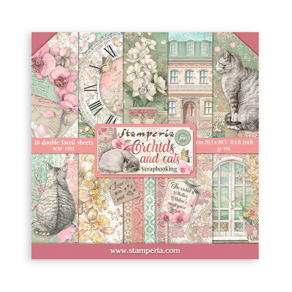 Stamperia ORCHIDS AND CATS 8X8 Double Faced Scrapbook Paper 10 Sheets + Bonus #SBBS26
