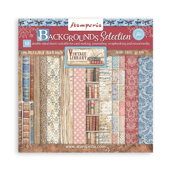 Stamperia VINTAGE LIBRARY BACKGROUNDS 8X8 Double Faced Paper 10 Sheets + Bonus #SBBS81