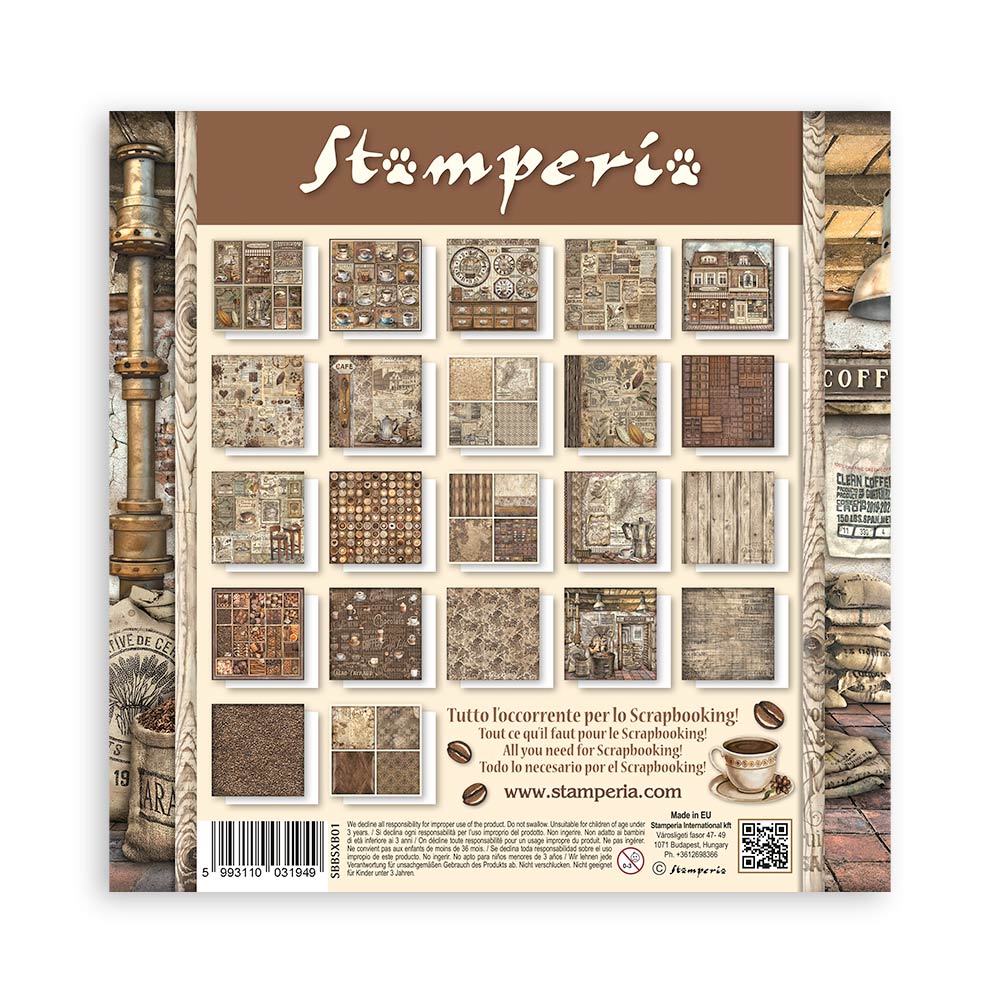 Stamperia paper pack with various textures and patterns on a white background