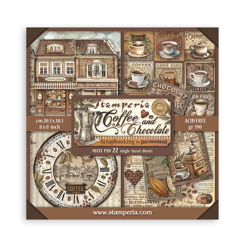 Scrapbooking paper pad with coffee and chocolate theme design.