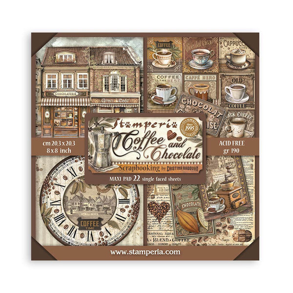 Scrapbooking paper pad with coffee and chocolate theme design.